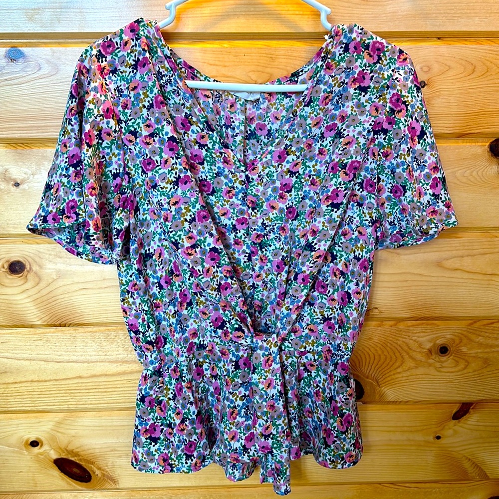Sienna Sky, Floral Waist Tie Short Sleeve Top, Small